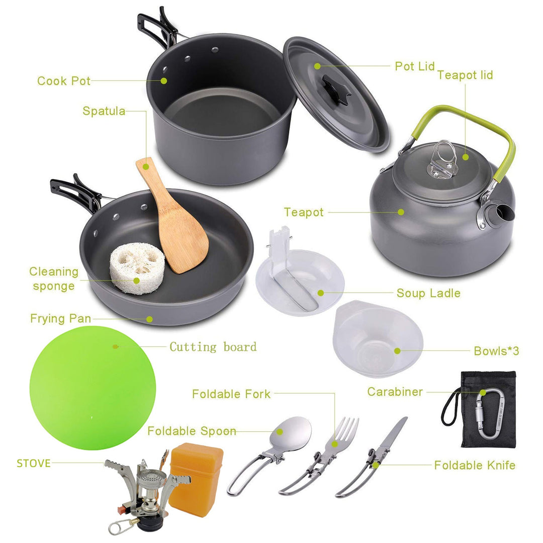 ultralight non-stick anodized aluminum camping cookware set with kettle foldable cutlery and portable stove Stornfield