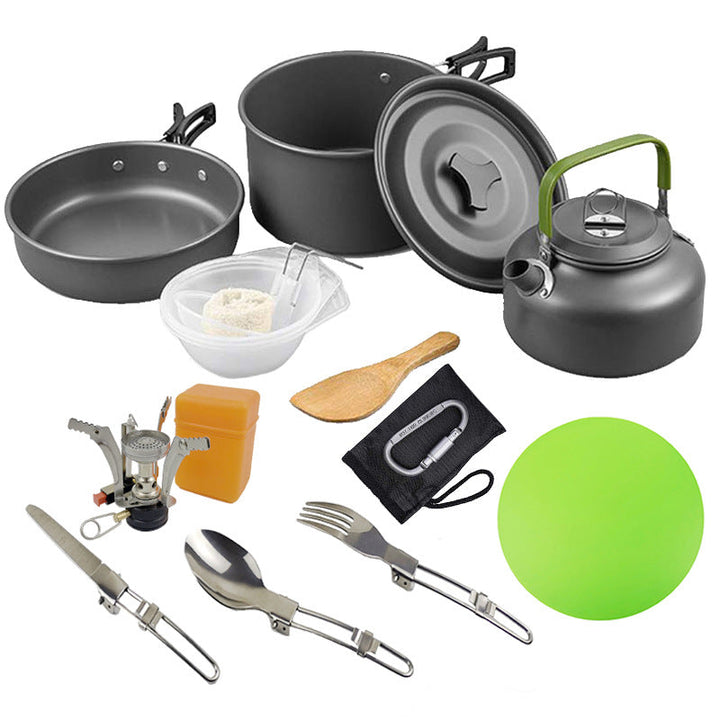 ultralight non-stick anodized aluminum camping cookware set with kettle foldable cutlery and portable stove Stornfield