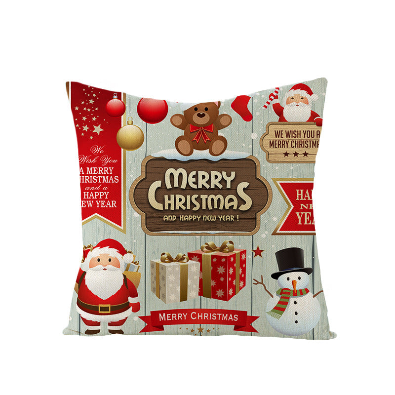 Square Linen-Blend Christmas Throw Pillow Cover with Santa Frame Print