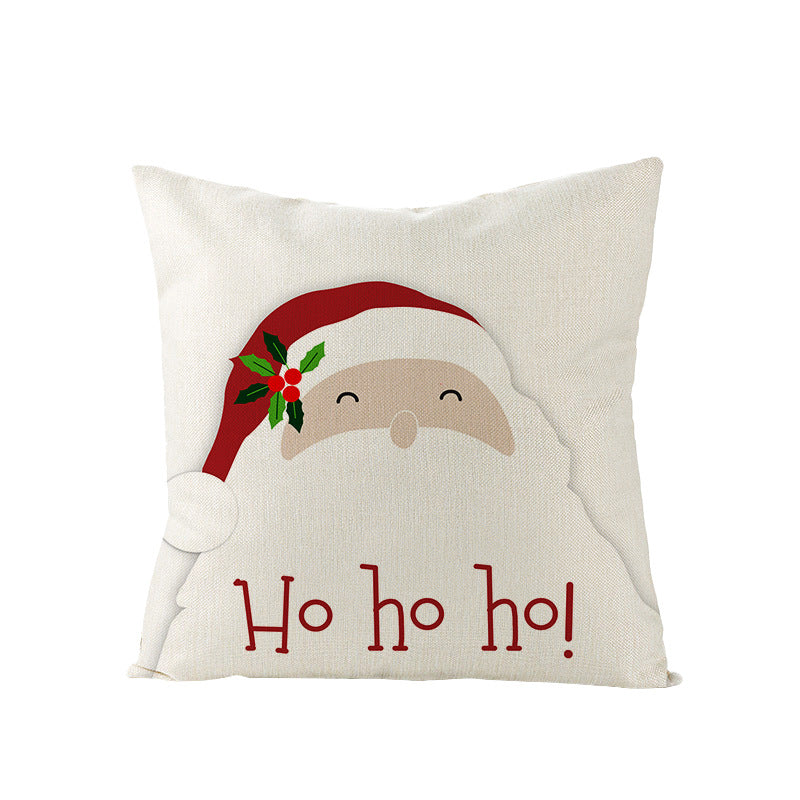 Square Linen-Blend Christmas Throw Pillow Cover with Santa Frame Print