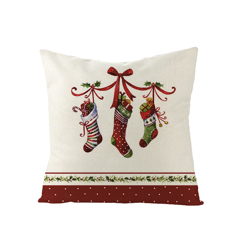 Square Linen-Blend Christmas Throw Pillow Cover with Santa Frame Print