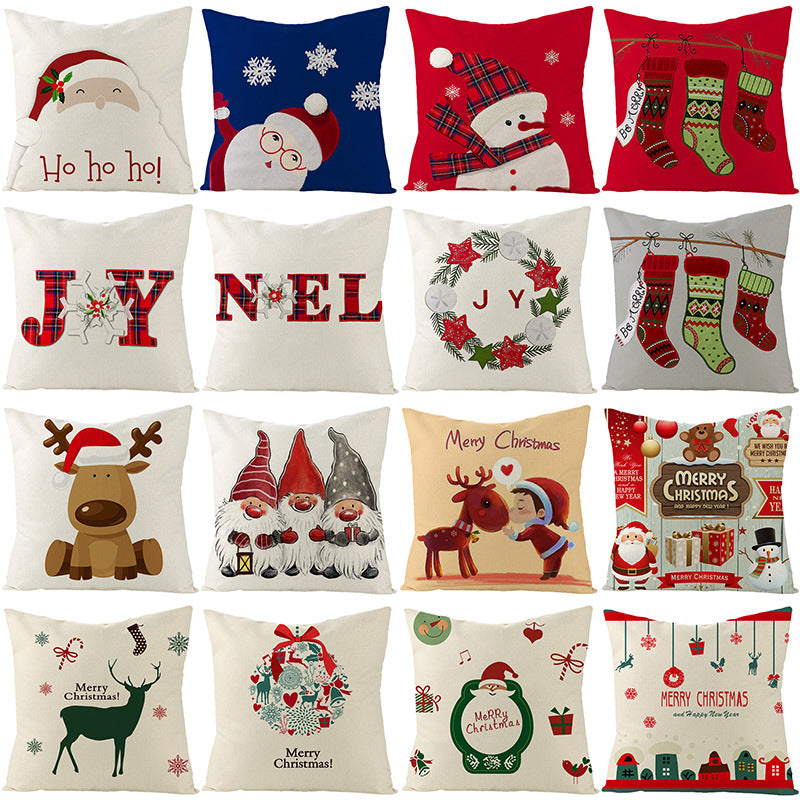 Square Linen-Blend Christmas Throw Pillow Cover with Santa Frame Print