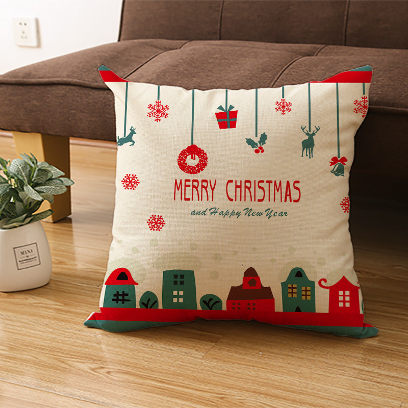 Square Linen-Blend Christmas Throw Pillow Cover with Santa Frame Print