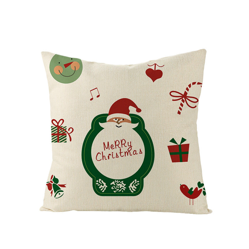 Square Linen-Blend Christmas Throw Pillow Cover with Santa Frame Print