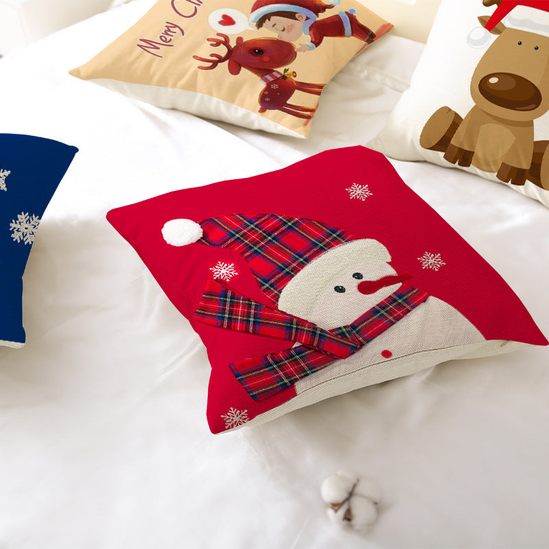 Square Linen-Blend Christmas Throw Pillow Cover with Santa Frame Print