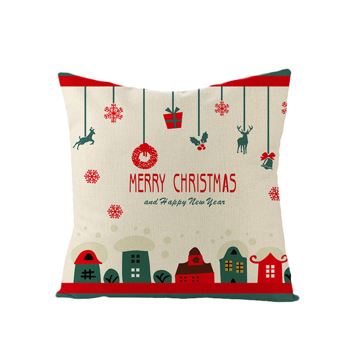 Square Linen-Blend Christmas Throw Pillow Cover with Santa Frame Print