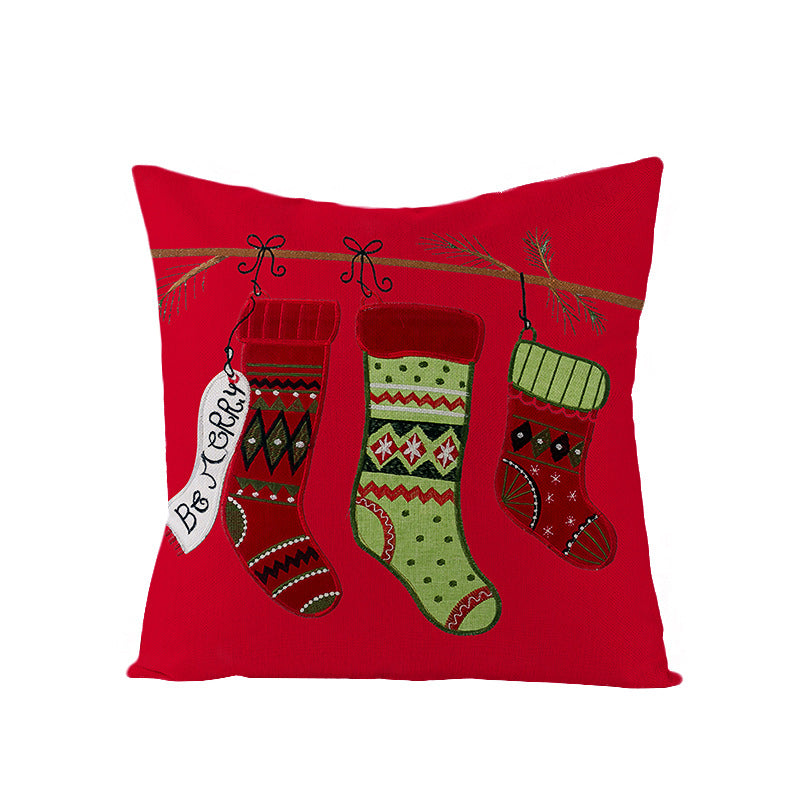 Square Linen-Blend Christmas Throw Pillow Cover with Santa Frame Print