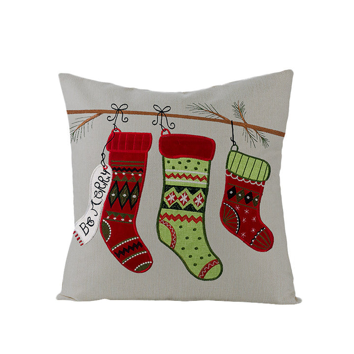 Square Linen-Blend Christmas Throw Pillow Cover with Santa Frame Print