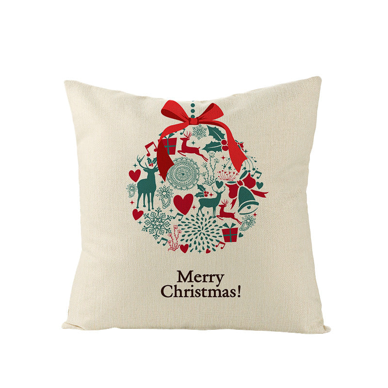 Square Linen-Blend Christmas Throw Pillow Cover with Santa Frame Print