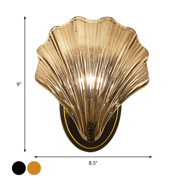 Single Scalloped Shell Wall Lamp Country Style Black/Gold Ribbed Glass Sconce Lighting Fixture | Stornfield