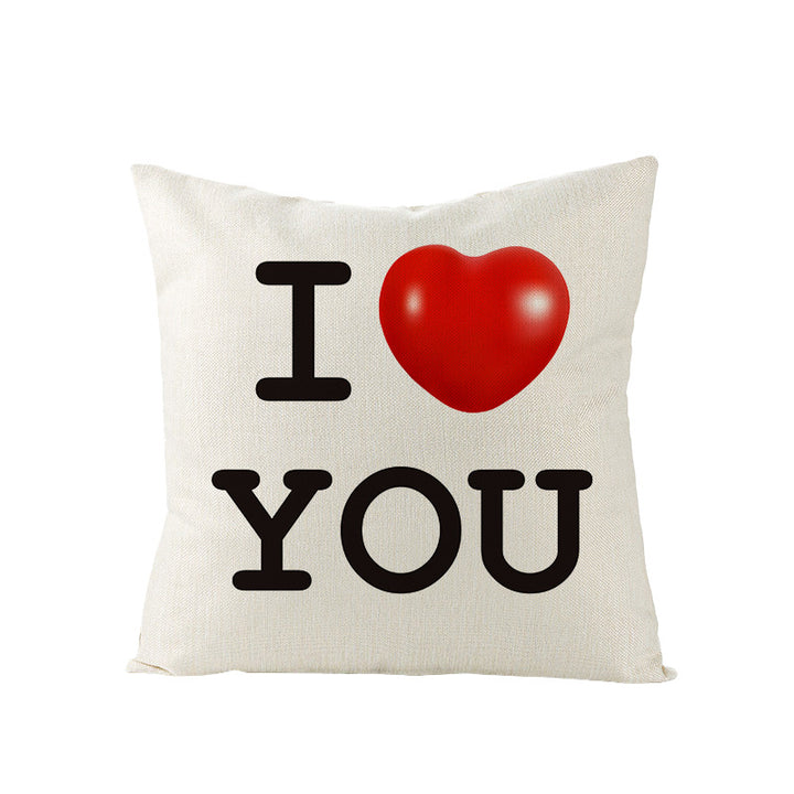 Square Linen-Texture Throw Pillow Cover with 'I Heart You' Typographic Print and Concealed Zipper