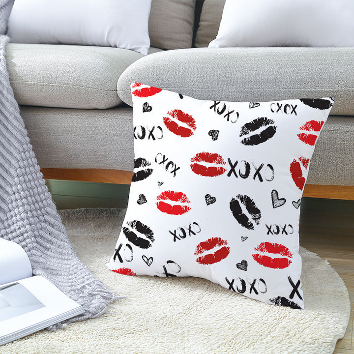 Decorative Square Pillow Cover Lip-Print Cotton-Linen Blend with Concealed Zipper