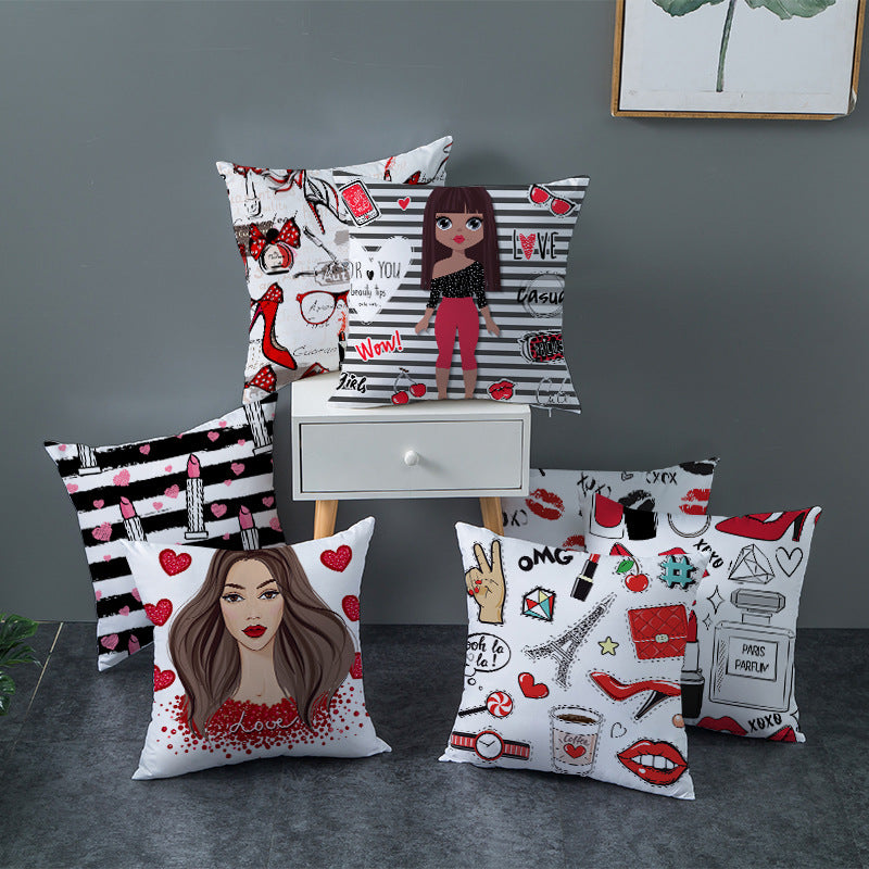 Decorative Square Pillow Cover Lip-Print Cotton-Linen Blend with Concealed Zipper