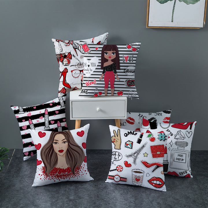 Decorative Square Pillow Cover Lip-Print Cotton-Linen Blend with Concealed Zipper