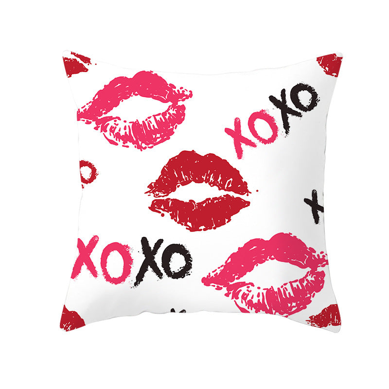 Decorative Square Pillow Cover Lip-Print Cotton-Linen Blend with Concealed Zipper
