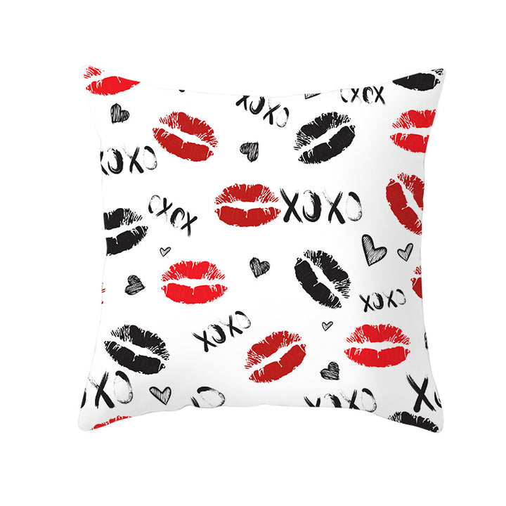 Decorative Square Pillow Cover Lip-Print Cotton-Linen Blend with Concealed Zipper