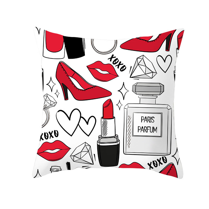 Decorative Square Pillow Cover Lip-Print Cotton-Linen Blend with Concealed Zipper