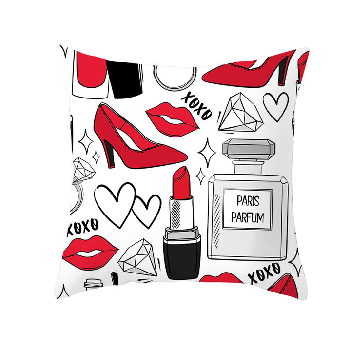 Decorative Square Pillow Cover Lip-Print Cotton-Linen Blend with Concealed Zipper