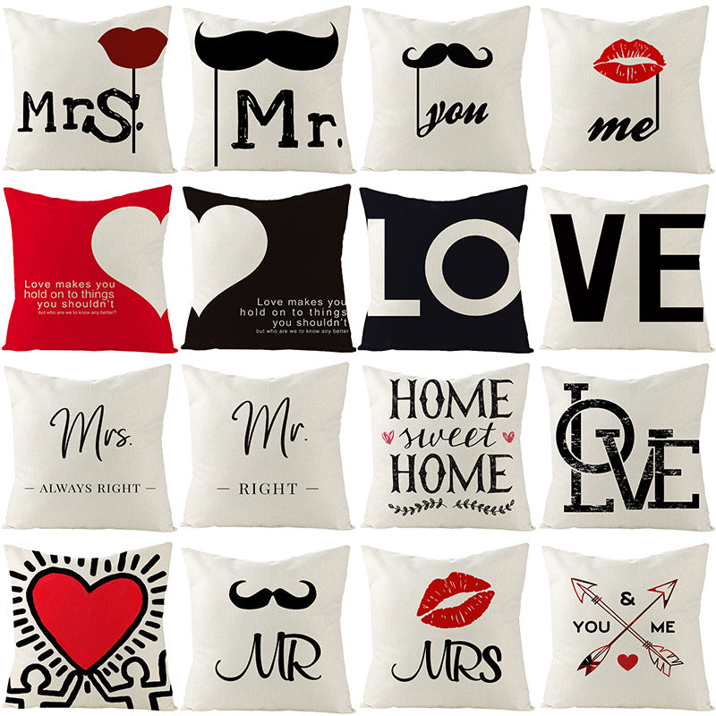 Square Linen-Texture Throw Pillow Cover with 'I Heart You' Typographic Print and Concealed Zipper