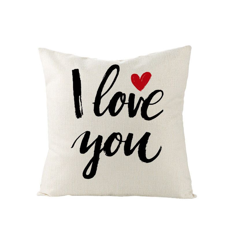 Square Linen-Texture Throw Pillow Cover with 'I Heart You' Typographic Print and Concealed Zipper