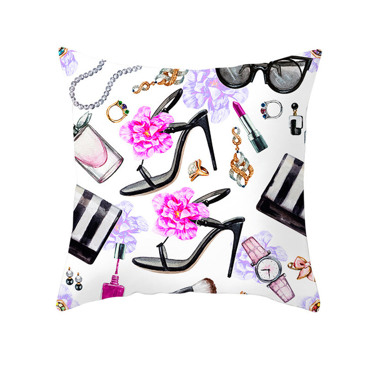 Decorative Square Pillow Cover Lip-Print Cotton-Linen Blend with Concealed Zipper