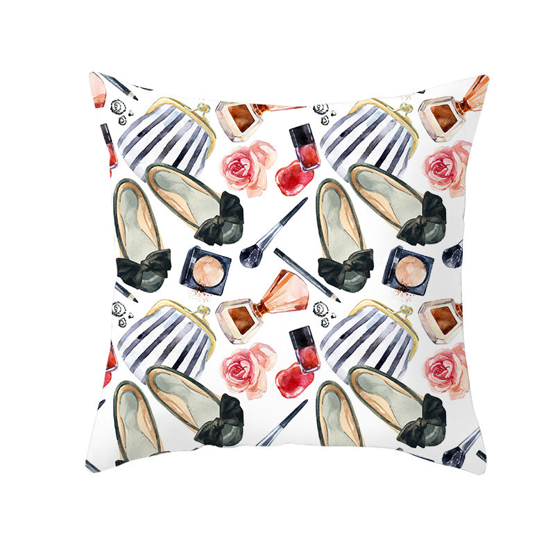 Decorative Square Pillow Cover Lip-Print Cotton-Linen Blend with Concealed Zipper