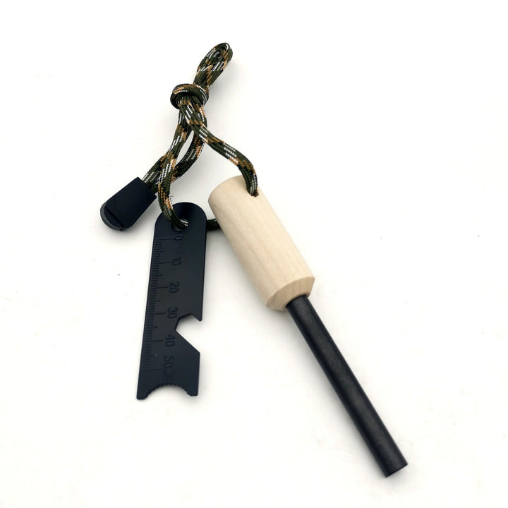 ferrocerium fire starter rod with wooden handle tactical striker multi-tool and paracord lanyard Stornfield
