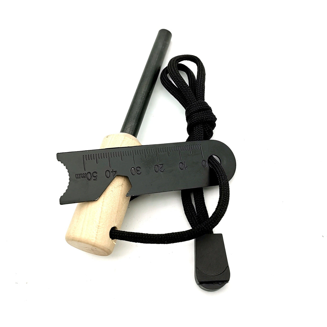 ferrocerium fire starter rod with wooden handle tactical striker multi-tool and paracord lanyard Stornfield