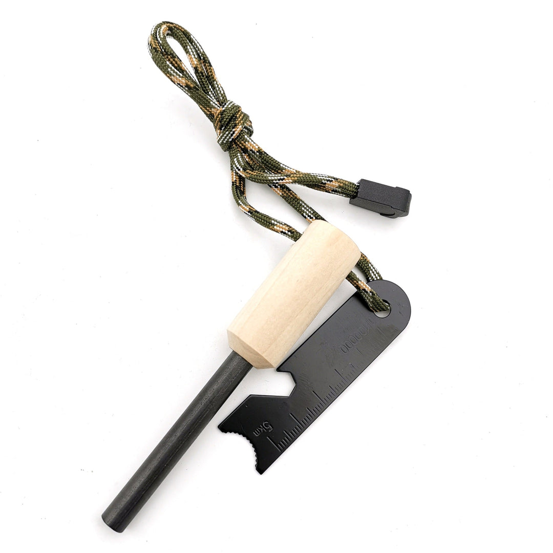ferrocerium fire starter rod with wooden handle tactical striker multi-tool and paracord lanyard Stornfield