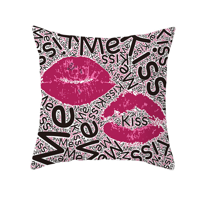Decorative Square Pillow Cover Lip-Print Cotton-Linen Blend with Concealed Zipper