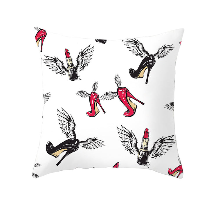 Decorative Square Pillow Cover Lip-Print Cotton-Linen Blend with Concealed Zipper