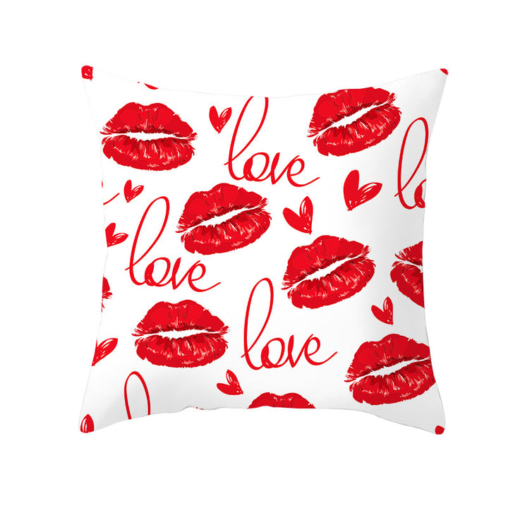 Decorative Square Pillow Cover Lip-Print Cotton-Linen Blend with Concealed Zipper