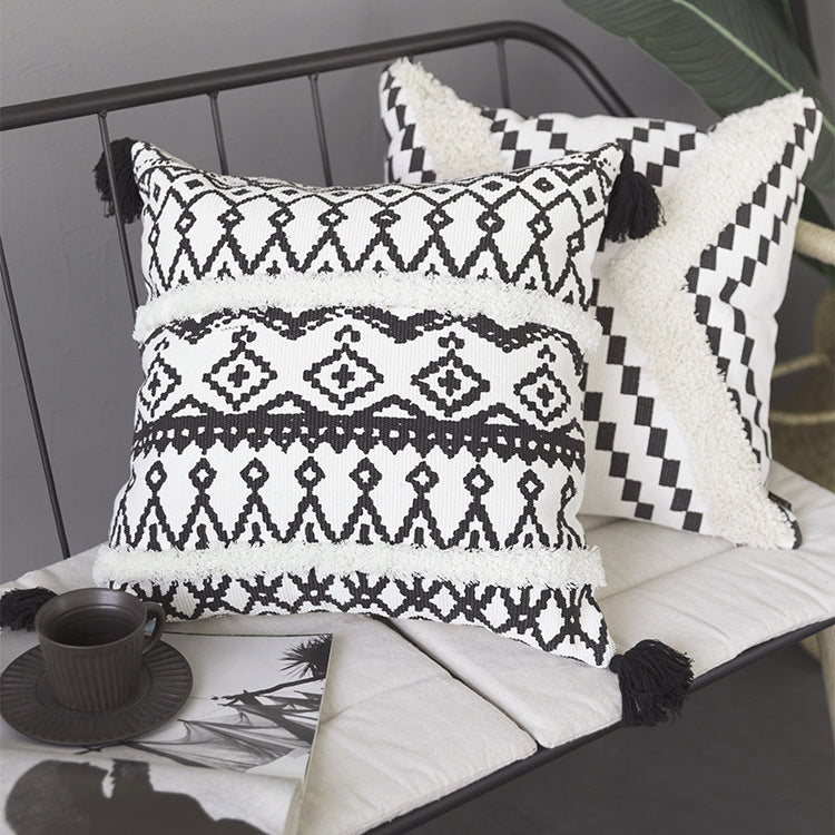 Rectangular Boho lumbar pillow with jacquard weaving, fringe stripes, and corner tassels Stornfield