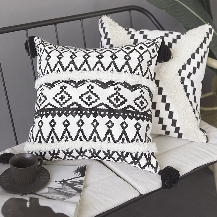 Rectangular Boho lumbar pillow with jacquard weaving, fringe stripes, and corner tassels Stornfield