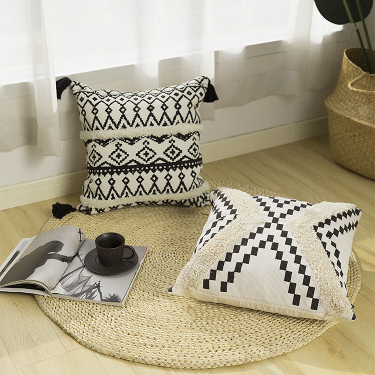 Rectangular Boho lumbar pillow with jacquard weaving, fringe stripes, and corner tassels Stornfield
