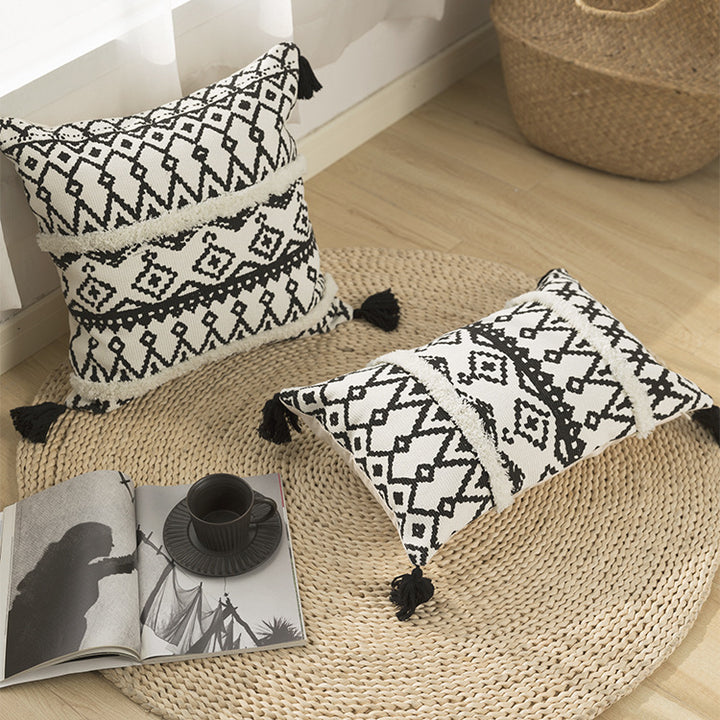 Rectangular Boho lumbar pillow with jacquard weaving, fringe stripes, and corner tassels Stornfield