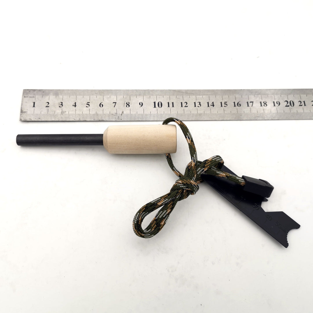 ferrocerium fire starter rod with wooden handle tactical striker multi-tool and paracord lanyard Stornfield