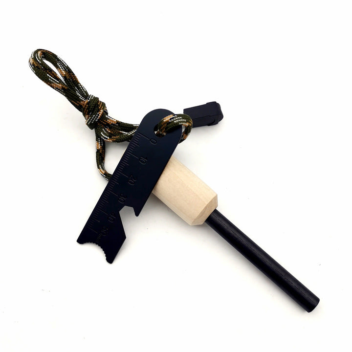 ferrocerium fire starter rod with wooden handle tactical striker multi-tool and paracord lanyard Stornfield