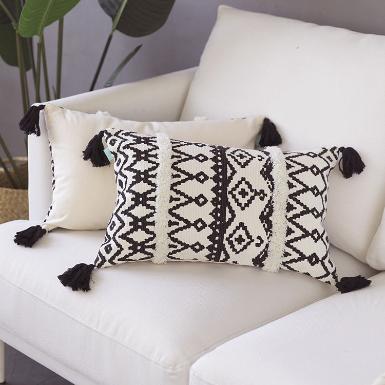 Rectangular Boho lumbar pillow with jacquard weaving, fringe stripes, and corner tassels Stornfield