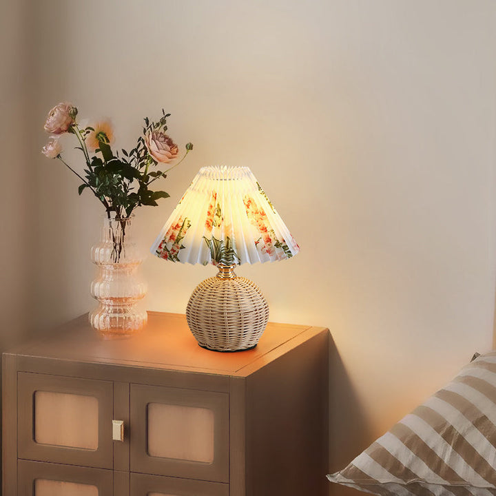 Stornfield | RattaLume Nordic LED Table Lamp | Woven Rattan and Foldable Fabric Lampshade | Ambient Light | Bedroom Decor