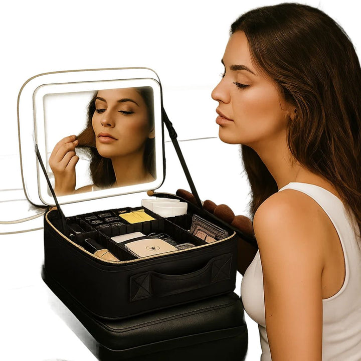 GlamOrganize | Makeup and Toiletry Bag - Cosmetic Organizer - LED Mirror - Compact Storage for Makeup and Skincare - Convenient Travel Bowl