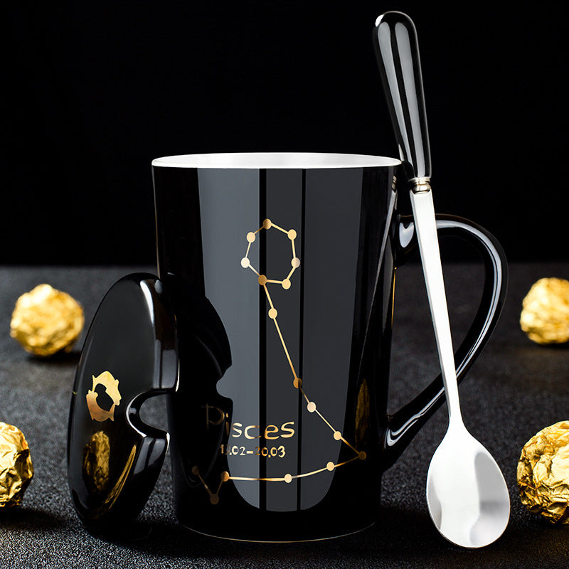 12 Constellations Black Ceramic Mug with Lid Spoon | Stornfield