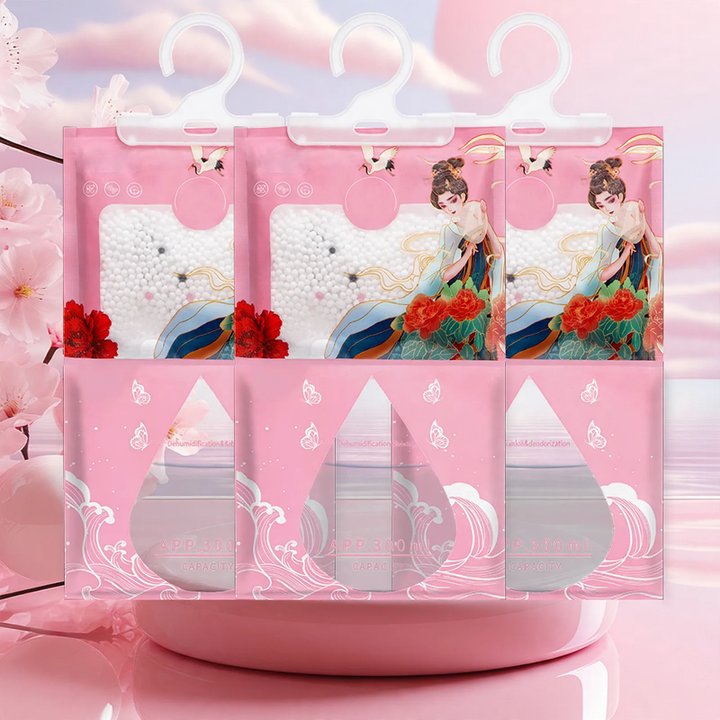 Scented hanging dehumidifier bag for wardrobes