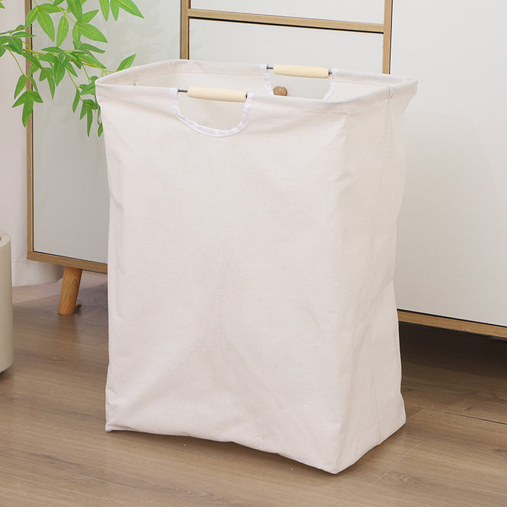 Collapsible laundry basket, cotton-linen, with wooden handles