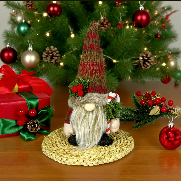 Christmas Elf Figurine with Knit Hat and Pine Branch