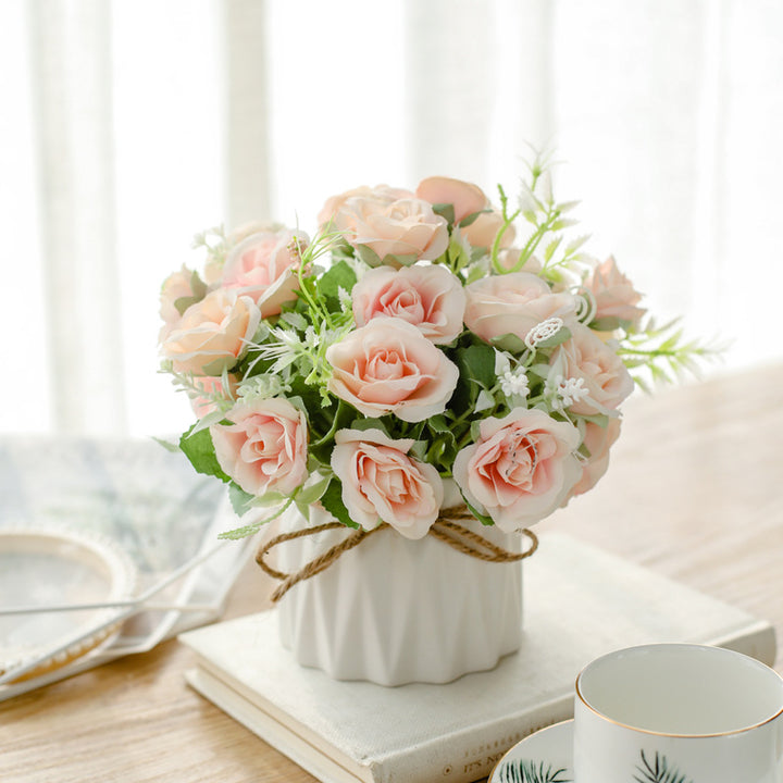 Silk Floral Arrangement in Twine-Wrapped Ceramic Planter Centerpiece