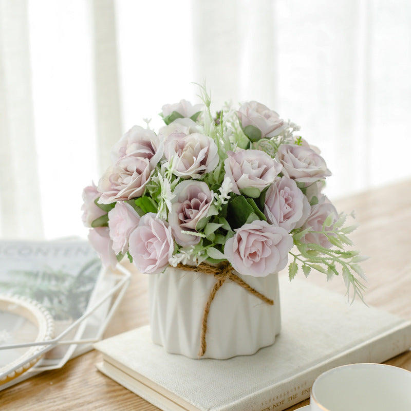 Silk Floral Arrangement in Twine-Wrapped Ceramic Planter Centerpiece