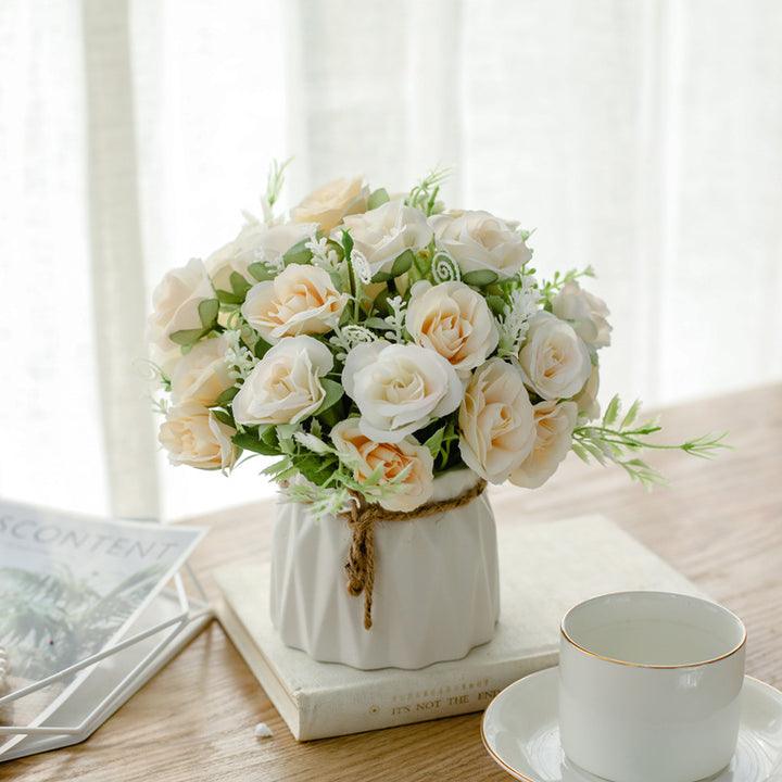 Silk Floral Arrangement in Twine-Wrapped Ceramic Planter Centerpiece