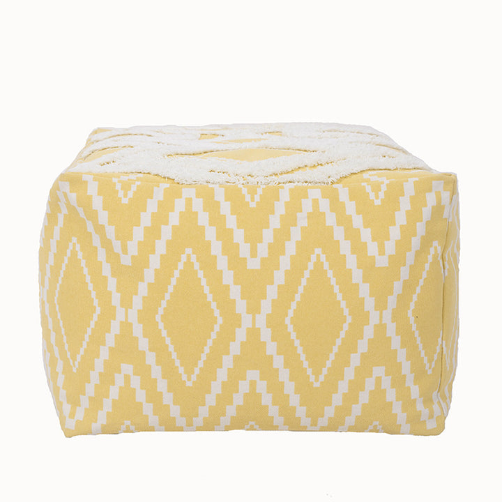 Cubical seat pouf made of woven cotton blend with ethnic diamond pattern Stornfield
