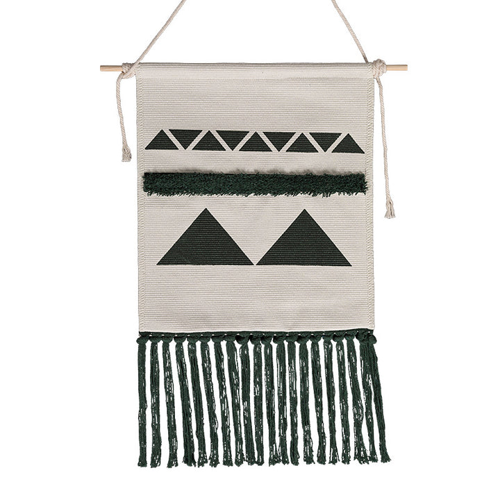 Hand-woven wall hanging and table runner made of cotton blend with geometric staircase pattern and long fringes Stornfield